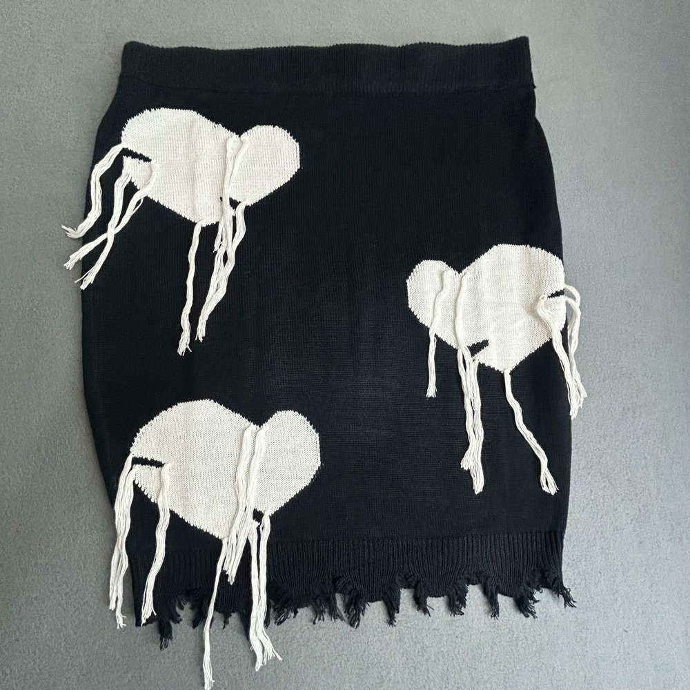 Ashley Stewart Skirt Womens 22/24 Black Heart Knit Distressed Fringe Mini Skirt